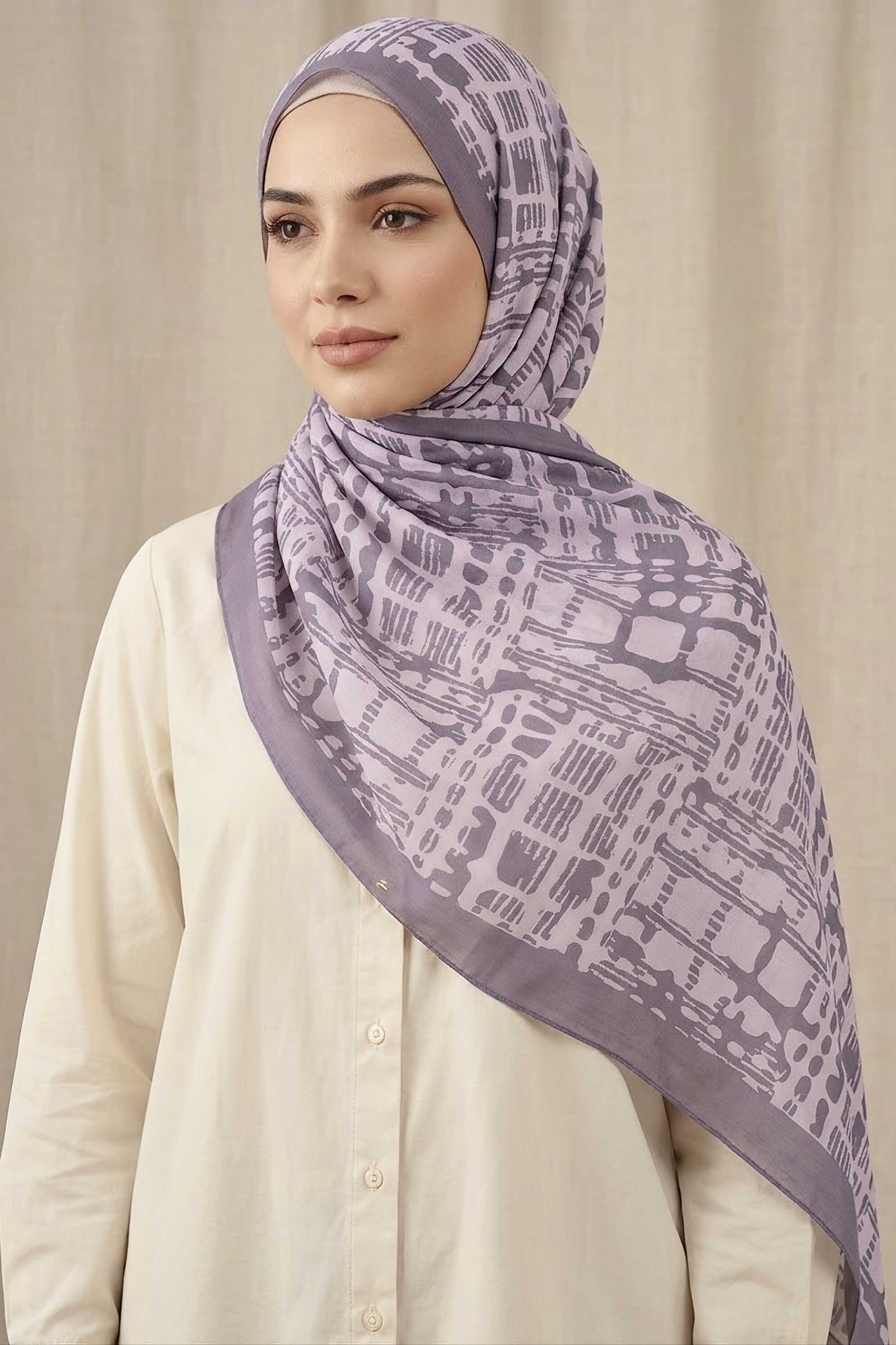 Line Art Desen Pamuklu Şal Lila - 28684-LILA - 1