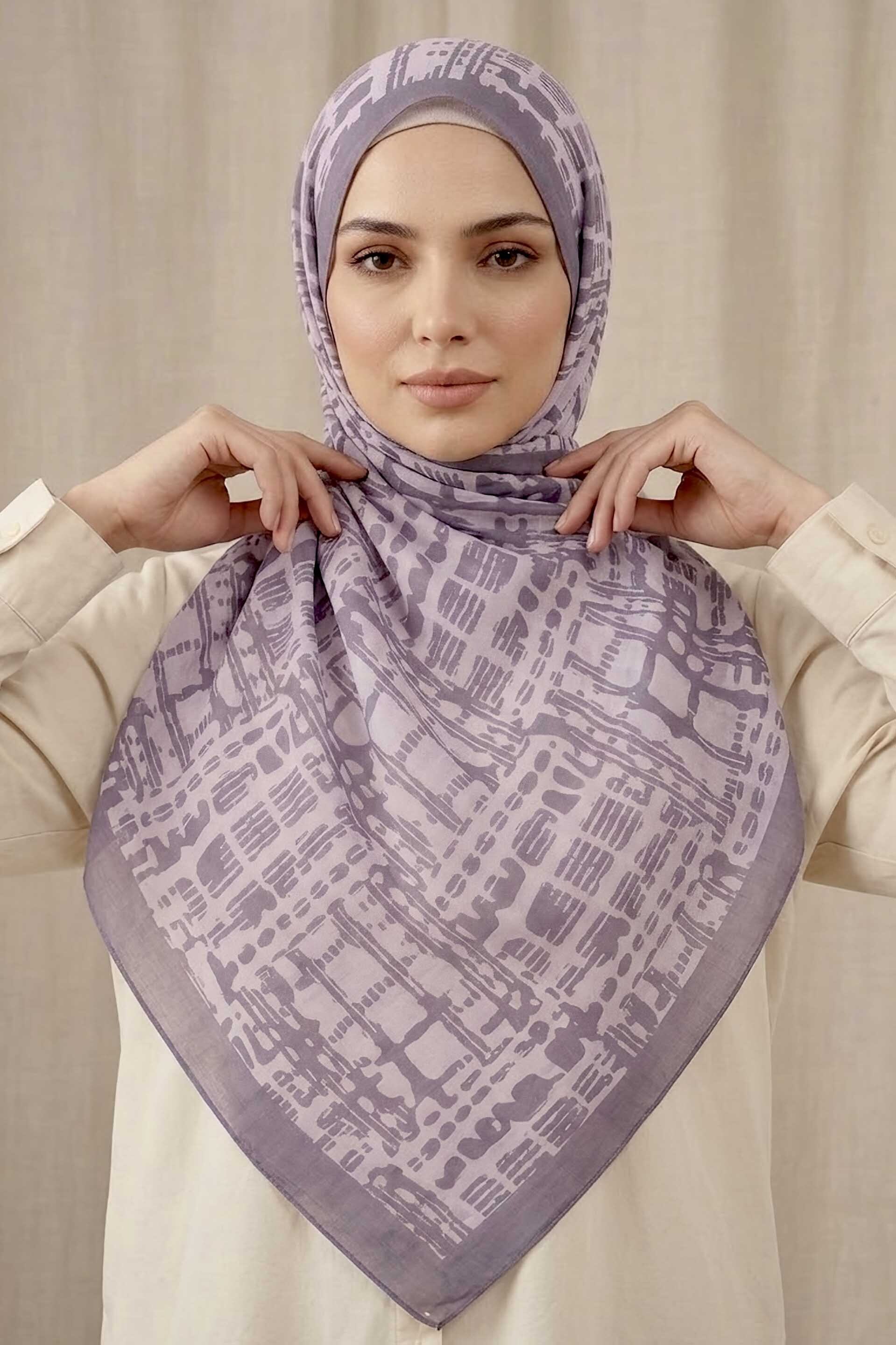 Line Art Desen Pamuklu Şal Lila - 28684-LILA - 2