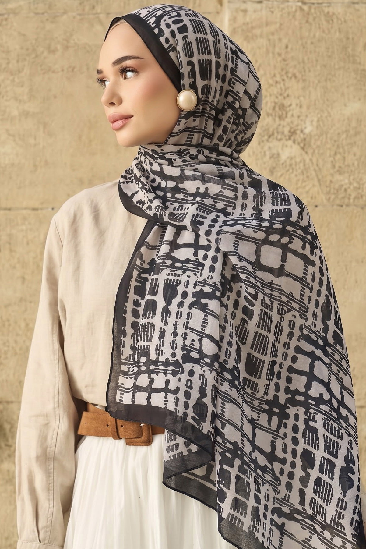 Line Art Desen Pamuklu Şal Pudra - 28684-PUDRA - 1