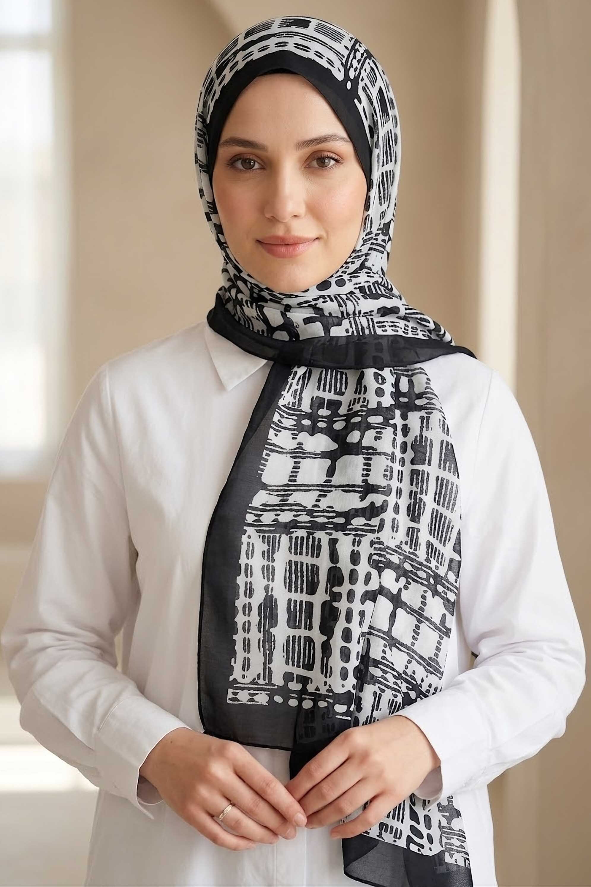 Line Art Desen Pamuklu Şal Siyah - 28684-SIYAH - 2