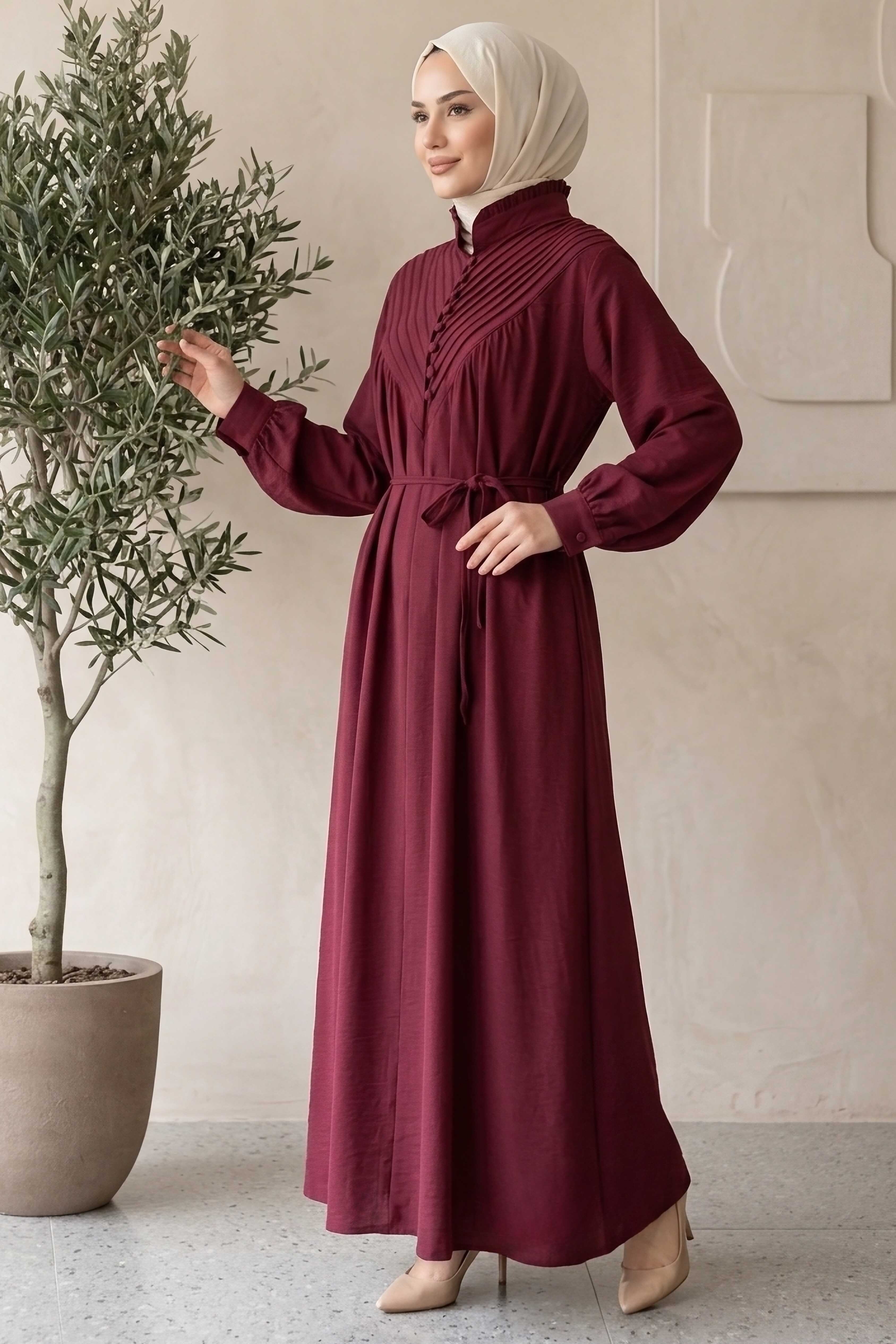 Lion Modal V Parçası Nervürlü Elbise - 28382-BORDO - 2