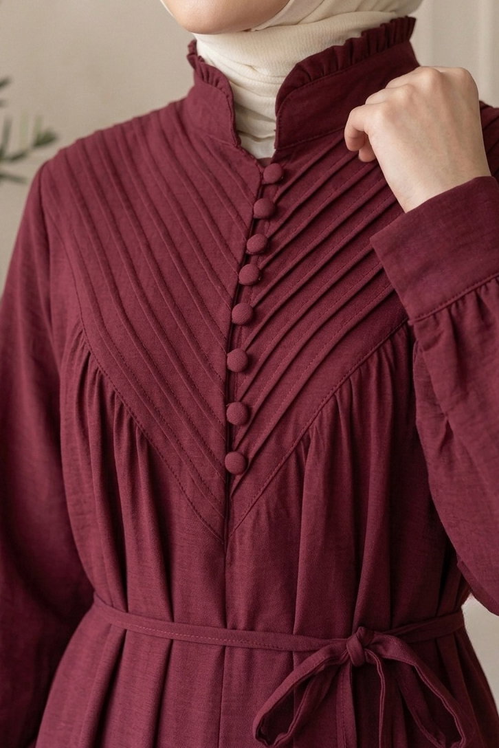 Lion Modal V Parçası Nervürlü Elbise - 28382-BORDO - 3