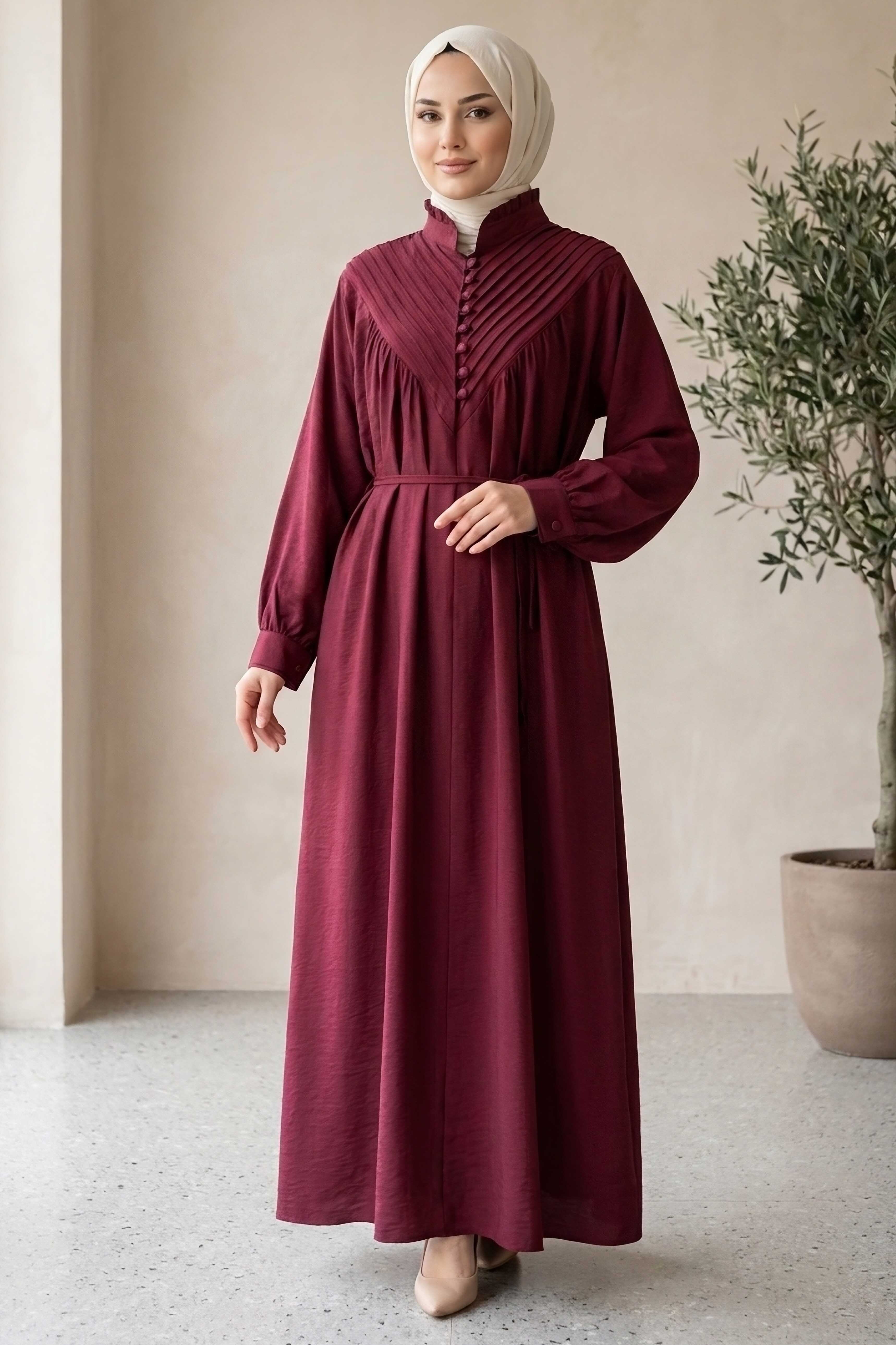 Lion Modal V Parçası Nervürlü Elbise - 28382-BORDO - 1