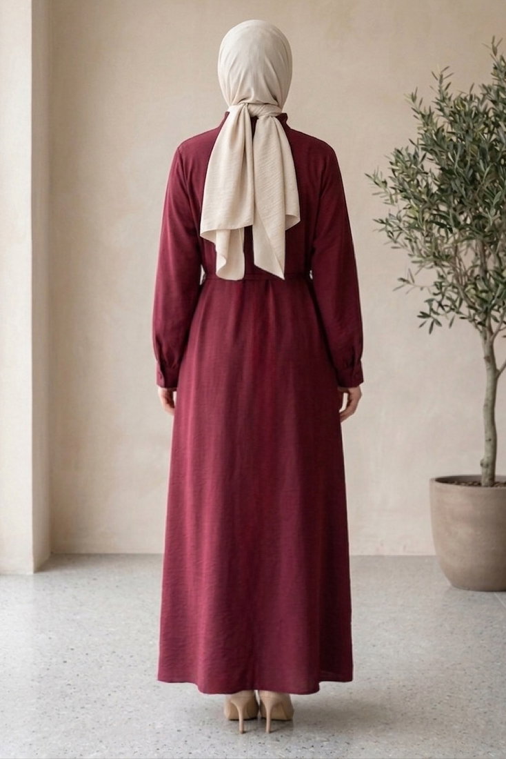 Lion Modal V Parçası Nervürlü Elbise - 28382-BORDO - 4