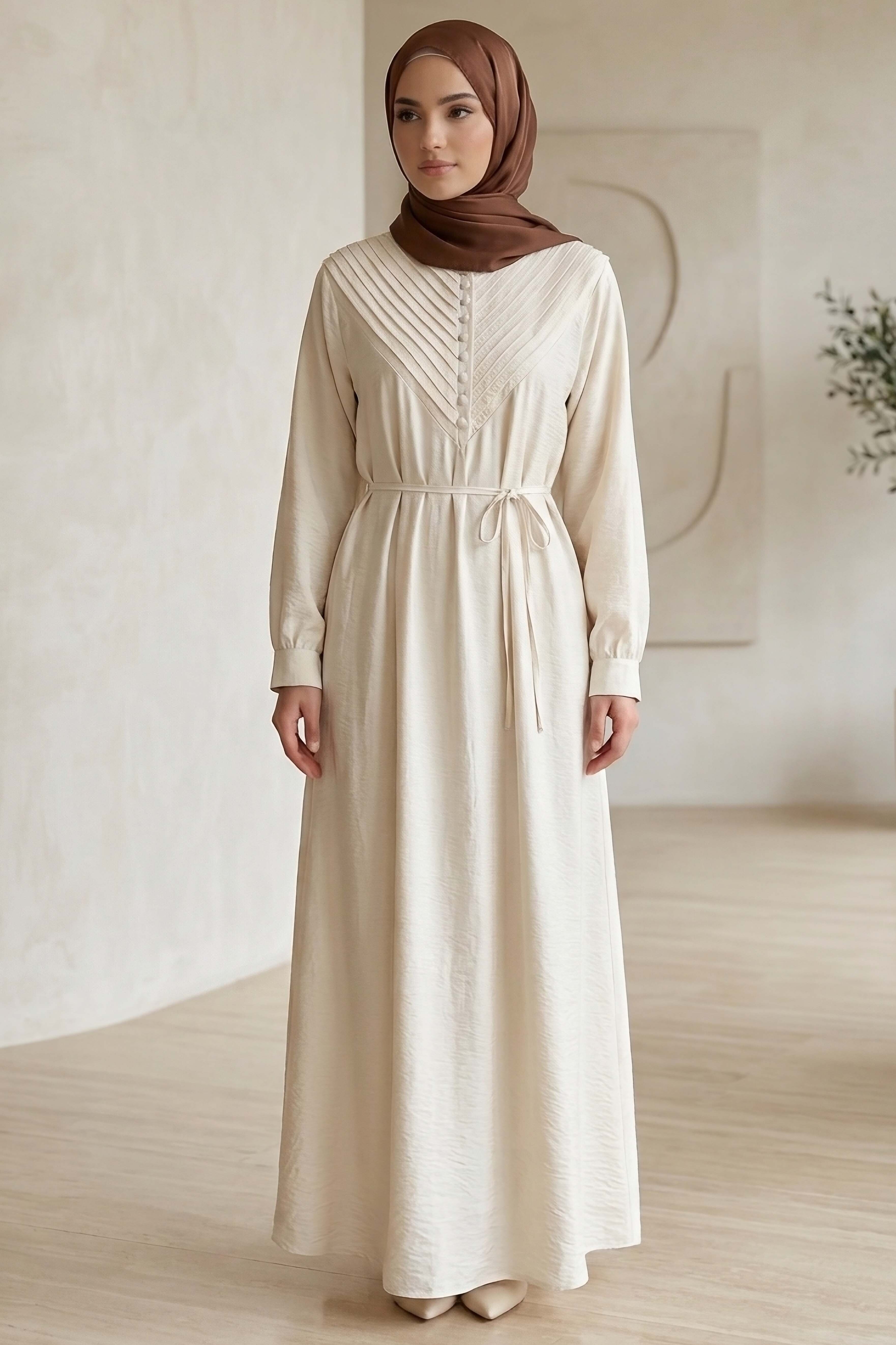 Lion Modal V Parçası Nervürlü Elbise - 28382-KREM - 1