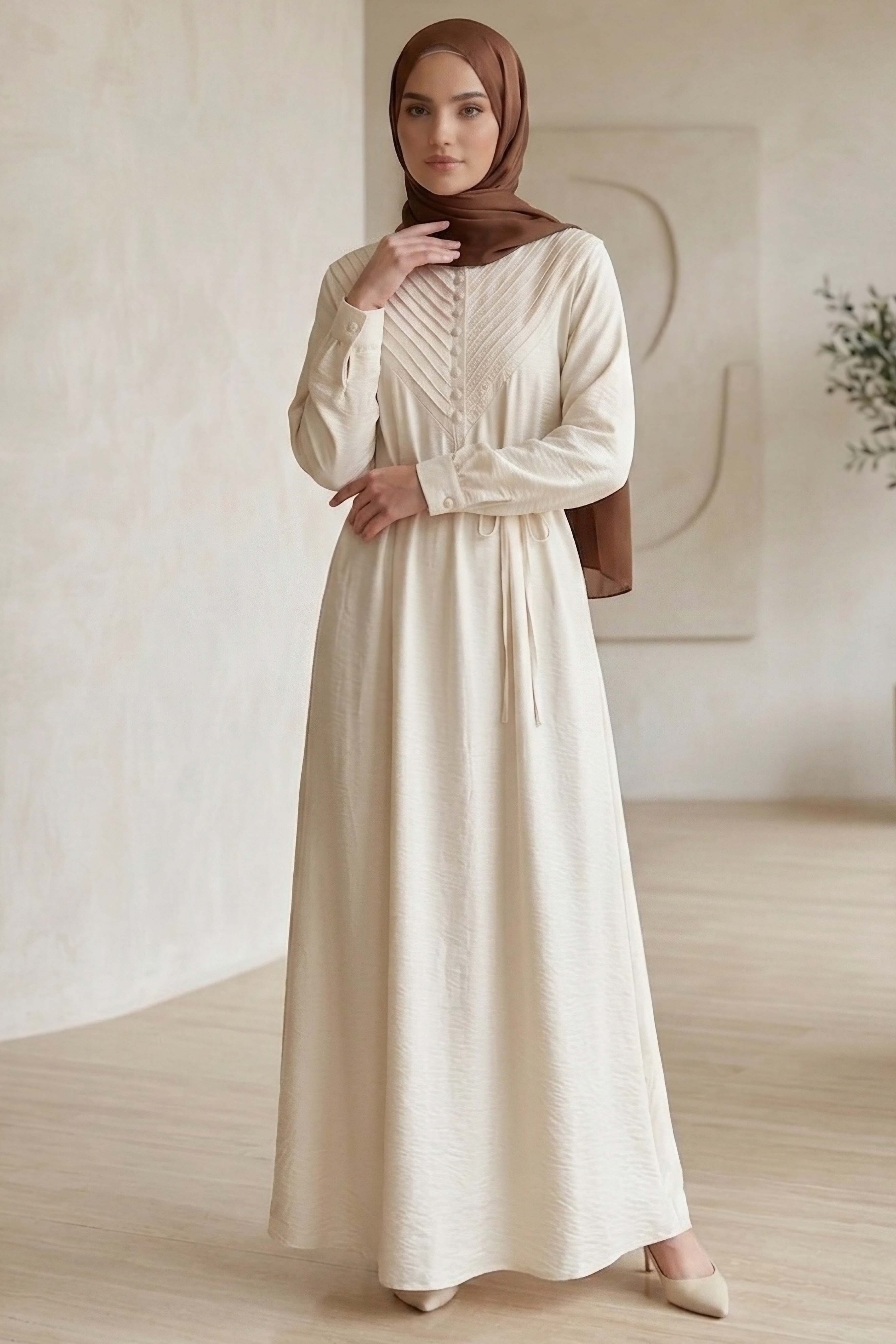 Lion Modal V Parçası Nervürlü Elbise - 28382-KREM - 2