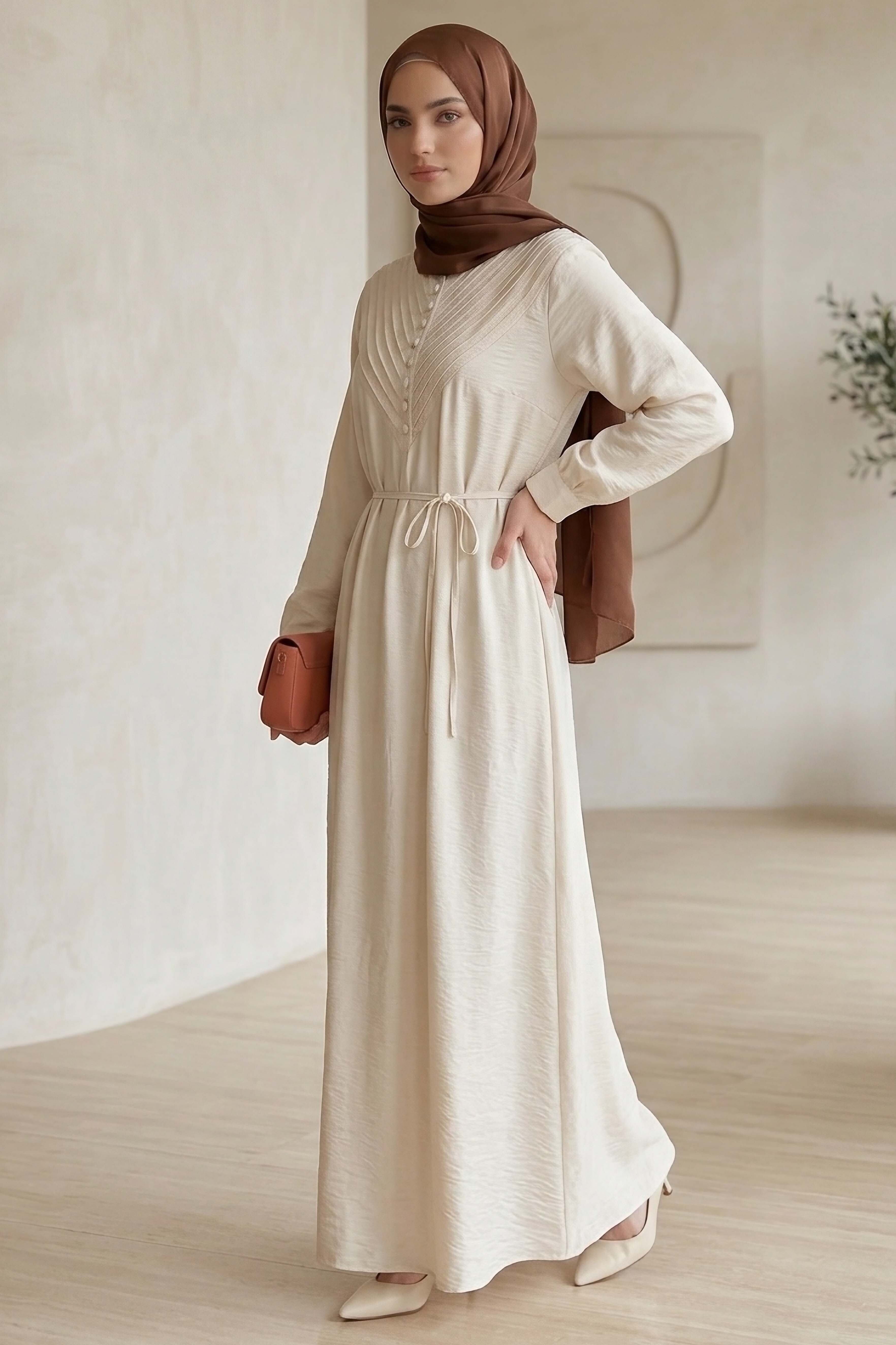 Lion Modal V Parçası Nervürlü Elbise - 28382-KREM - 3