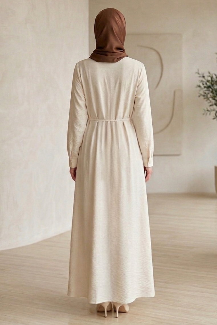 Lion Modal V Parçası Nervürlü Elbise - 28382-KREM - 4