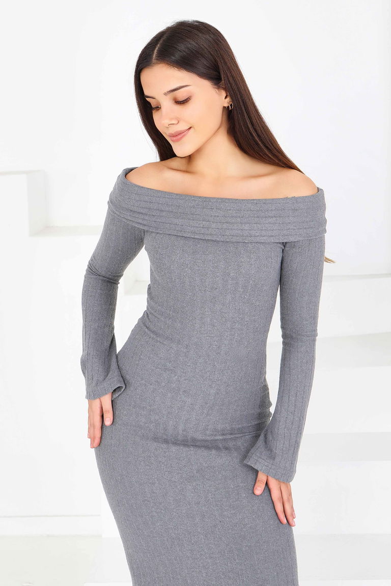 Madonna Yaka Kaşkorse Uzun Elbise - 27816-FUME - TOFİSA