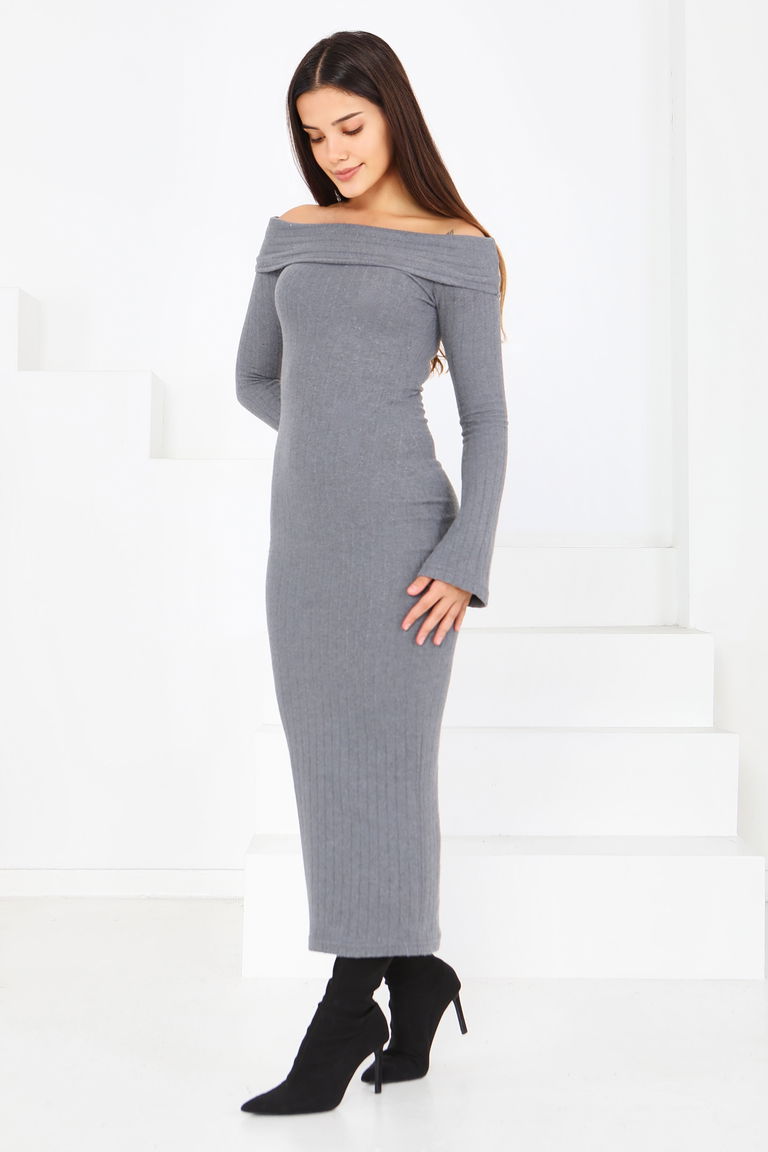 Madonna Yaka Kaşkorse Uzun Elbise - 27816-FUME - TOFİSA