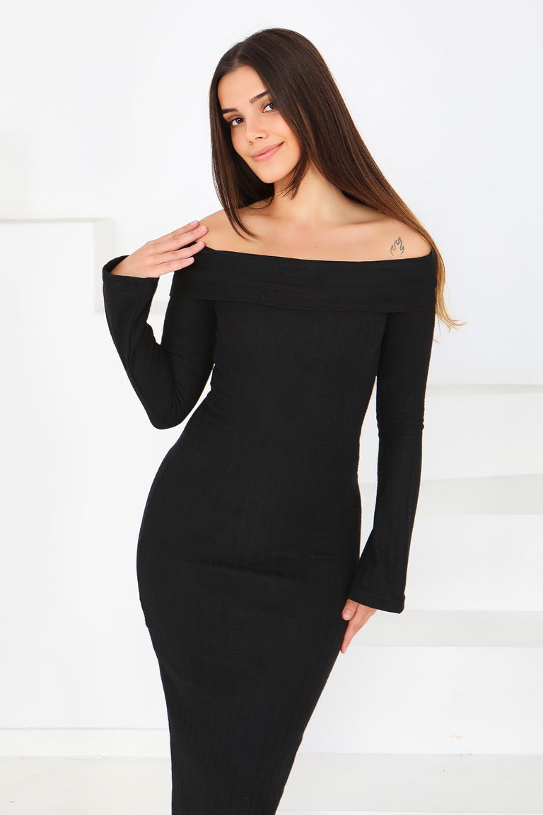 Madonna Yaka Kaşkorse Uzun Elbise - 27816-SIYAH - TOFİSA