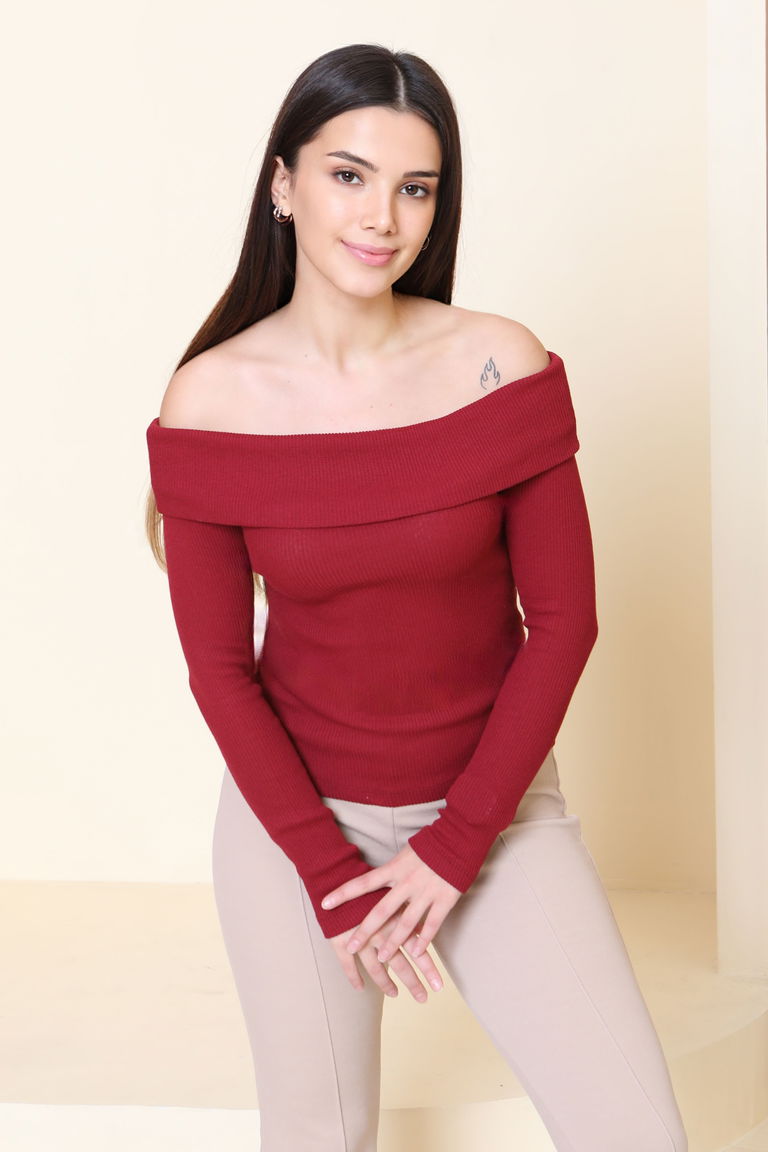 Madonna Yaka Kaşkorse Uzun kollu Bluz - 27897-BORDO - TOFİSA