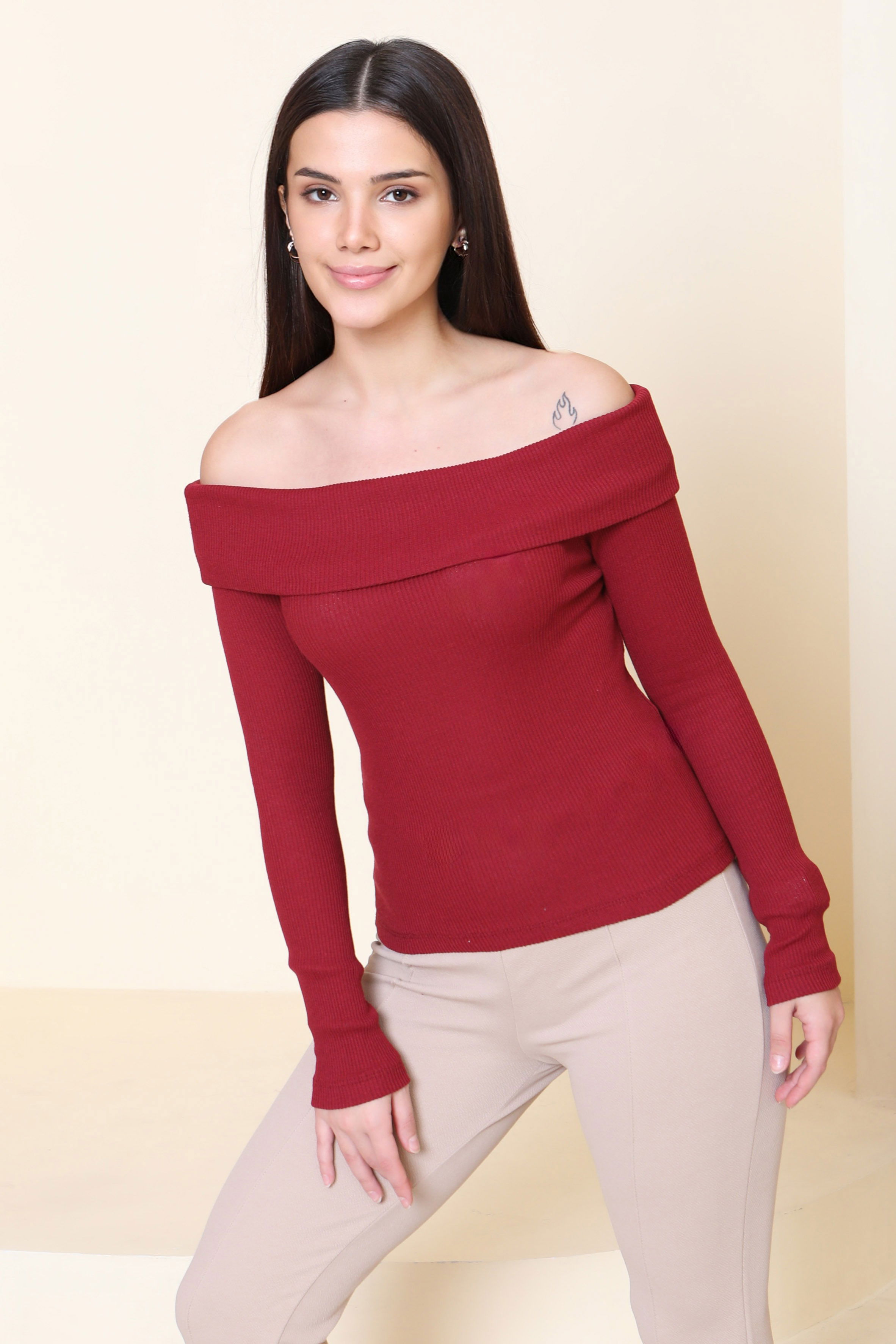 Madonna Yaka Kaşkorse Uzun kollu Bluz - 27897-BORDO - 2