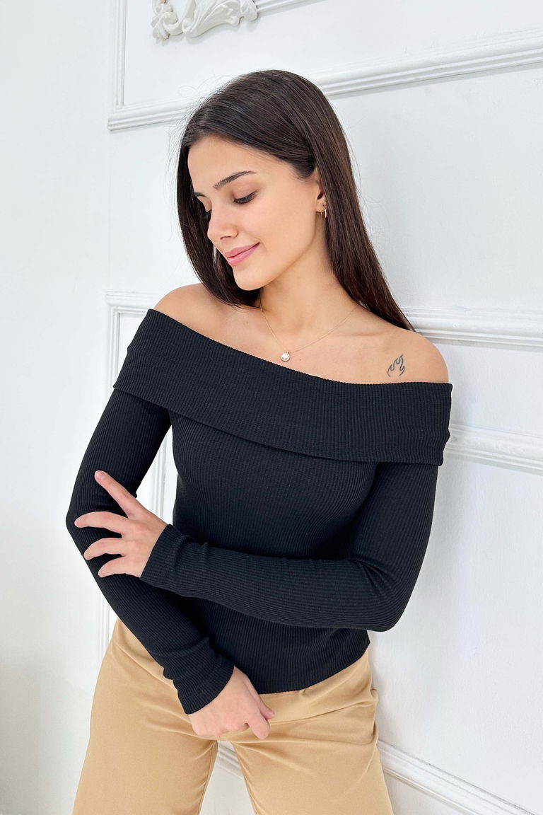 Madonna Yaka Kaşkorse Uzun kollu Bluz - 27897-SIYAH - TOFİSA