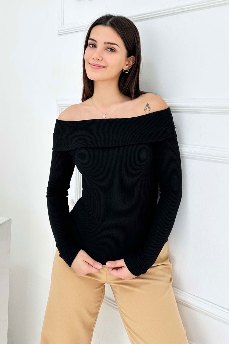Madonna Yaka Kaşkorse Uzun kollu Bluz - 27897-SIYAH - TOFİSA