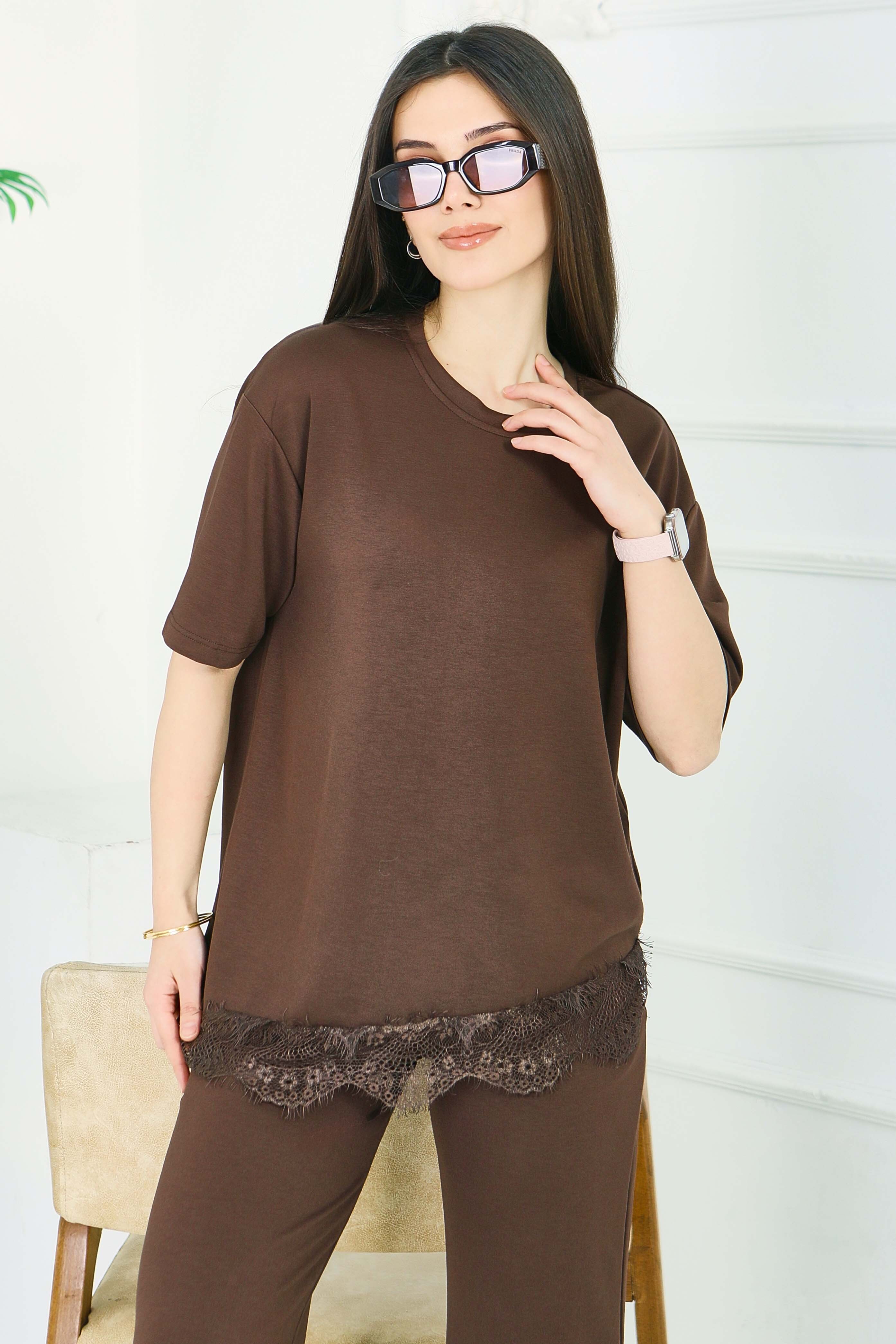 Mddal Dantelli İkili Takım - 28421-KAHVE - 5