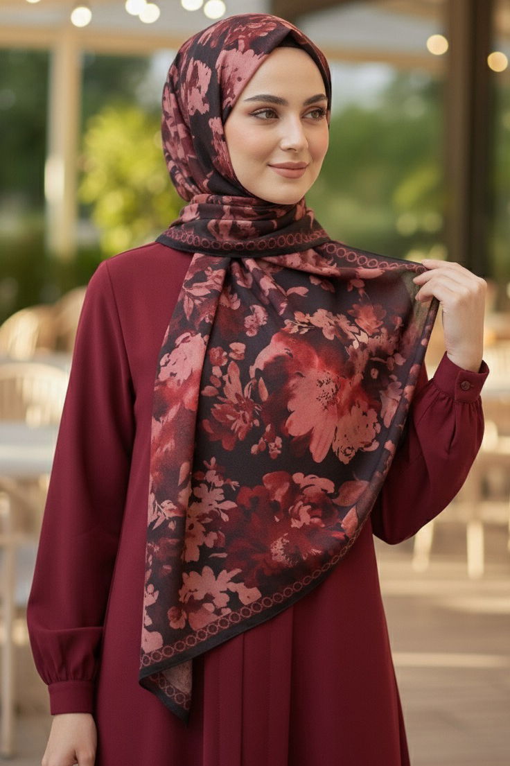 Midnight Bloom Serisi Pamuk Şal - 27986-BORDO - 1