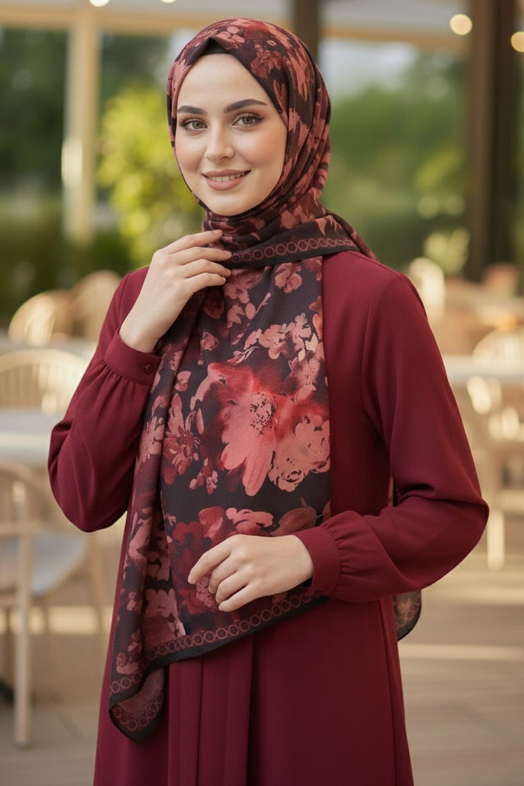 Midnight Bloom Serisi Pamuk Şal - 27986-BORDO - TOFİSA