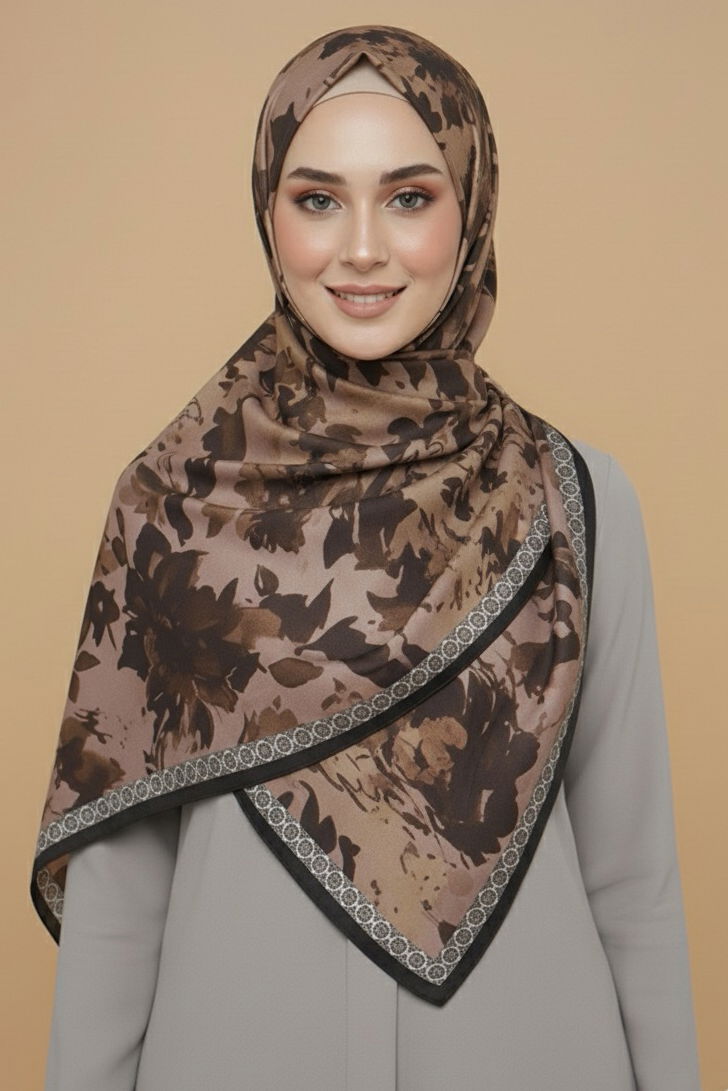 Midnight Bloom Serisi Pamuk Şal - 27986-KAHVE - TOFİSA