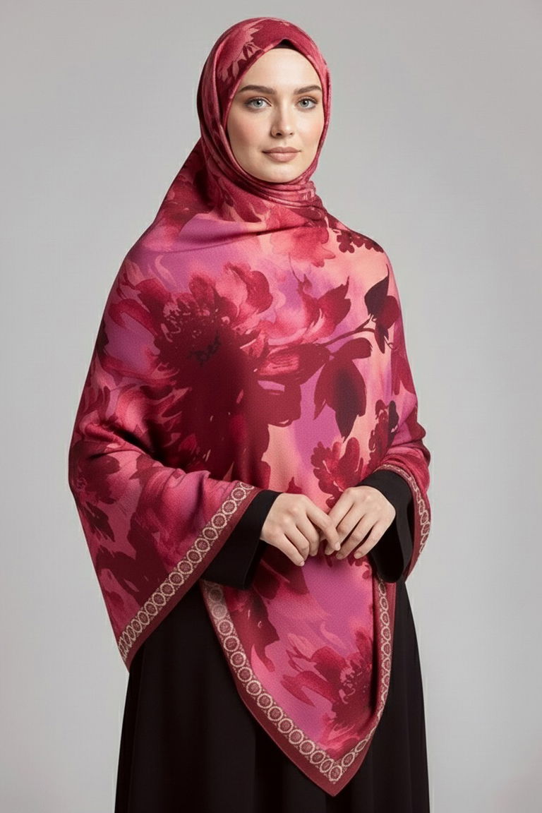 Midnight Bloom Serisi Pamuk Şal - 27986-KIRMIZI - TOFİSA