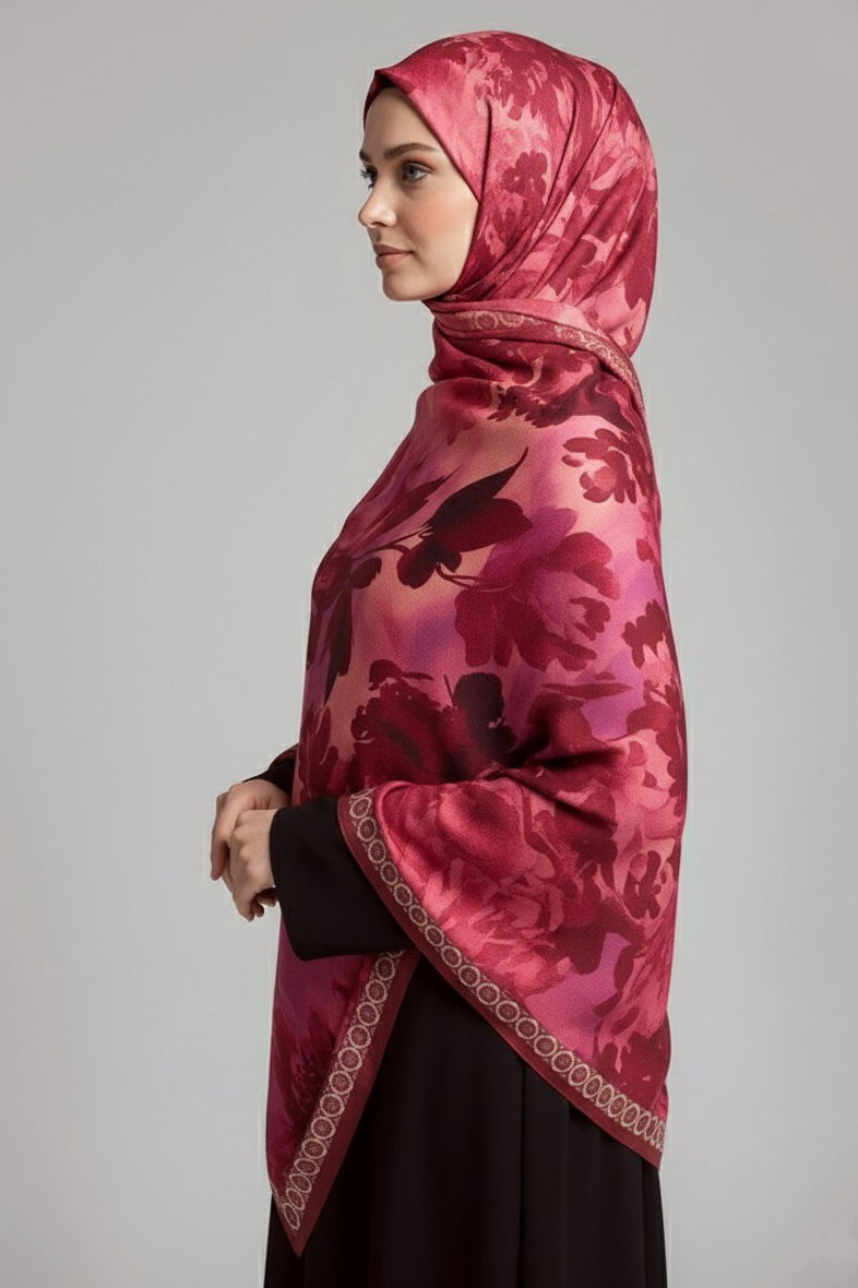 Midnight Bloom Serisi Pamuk Şal - 27986-KIRMIZI - 2