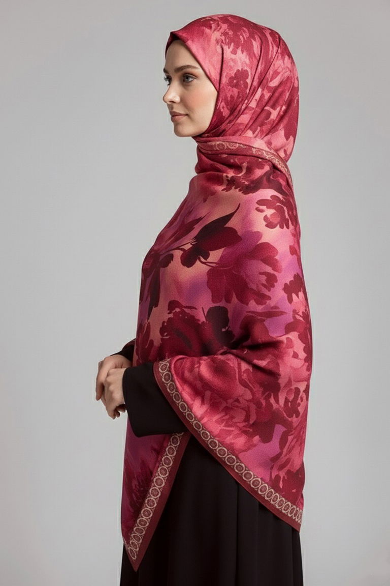 Midnight Bloom Serisi Pamuk Şal - 27986-KIRMIZI - TOFİSA