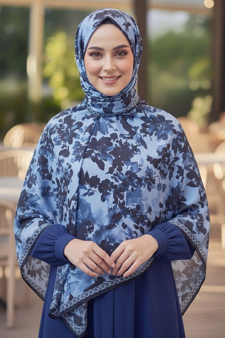 Midnight Bloom Serisi Pamuk Şal - 27986-LACIVERT - TOFİSA