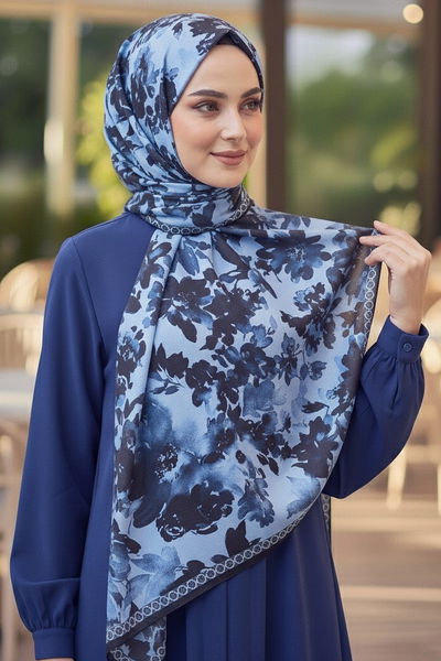 Midnight Bloom Serisi Pamuk Şal - 27986-LACIVERT 