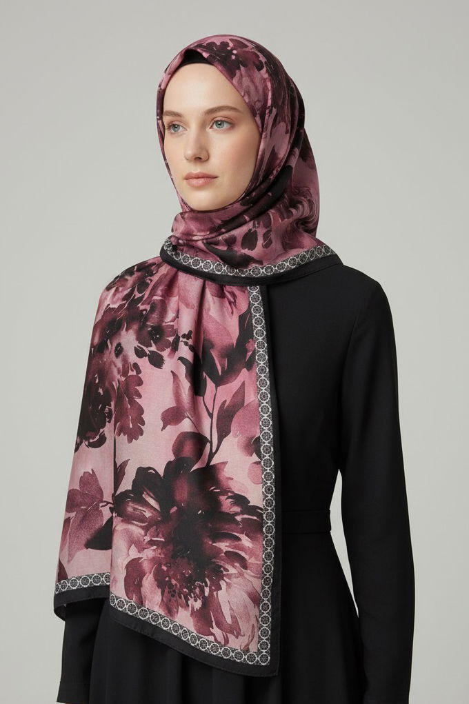 Midnight Bloom Serisi Pamuk Şal - 27986-MERCAN - TOFİSA
