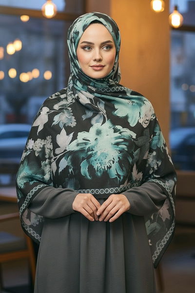 Midnight Bloom Serisi Pamuk Şal - 27986-PETROL 