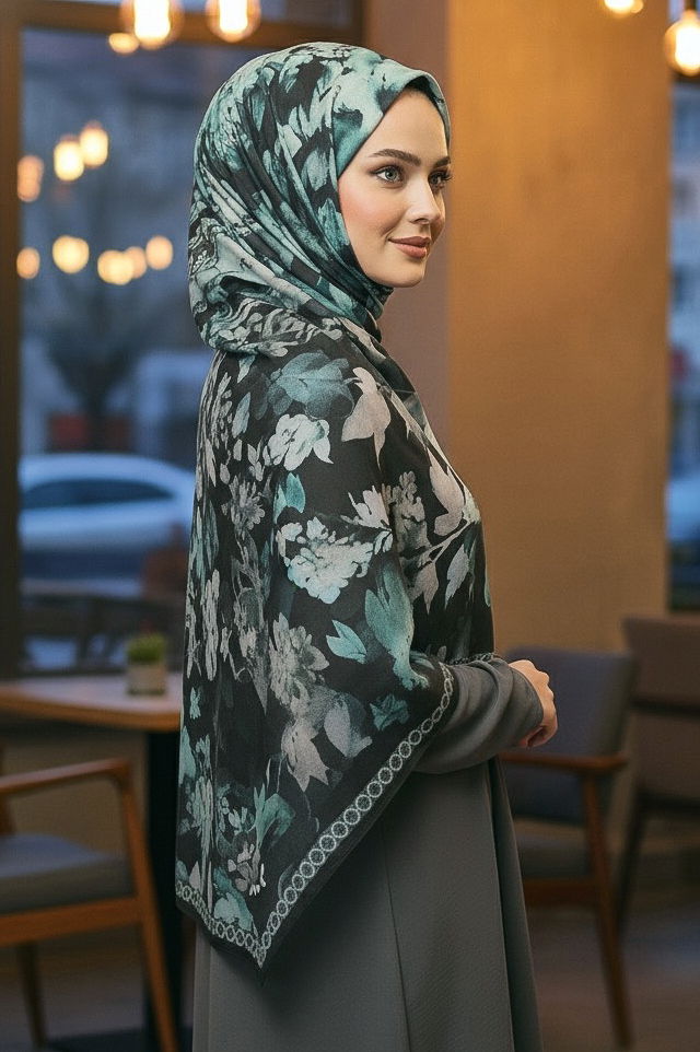 Midnight Bloom Serisi Pamuk Şal - 27986-PETROL - TOFİSA