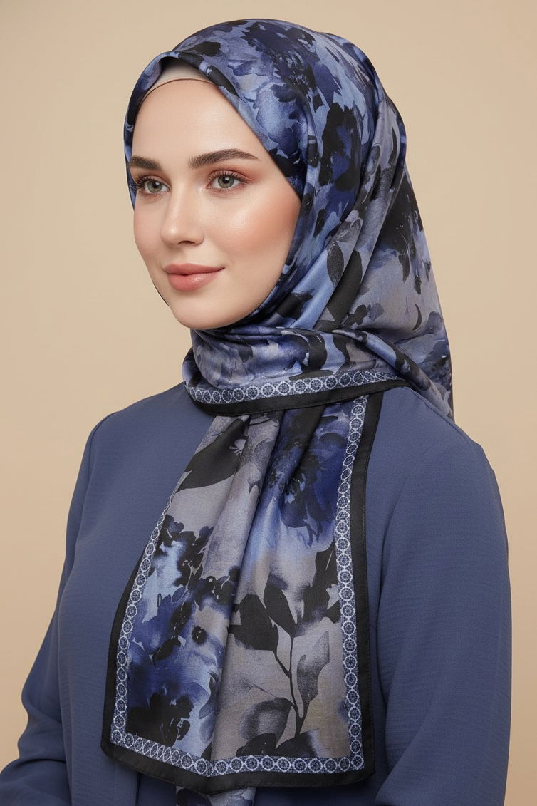 Midnight Bloom Serisi Pamuk Şal - 27986-SAKS - TOFİSA