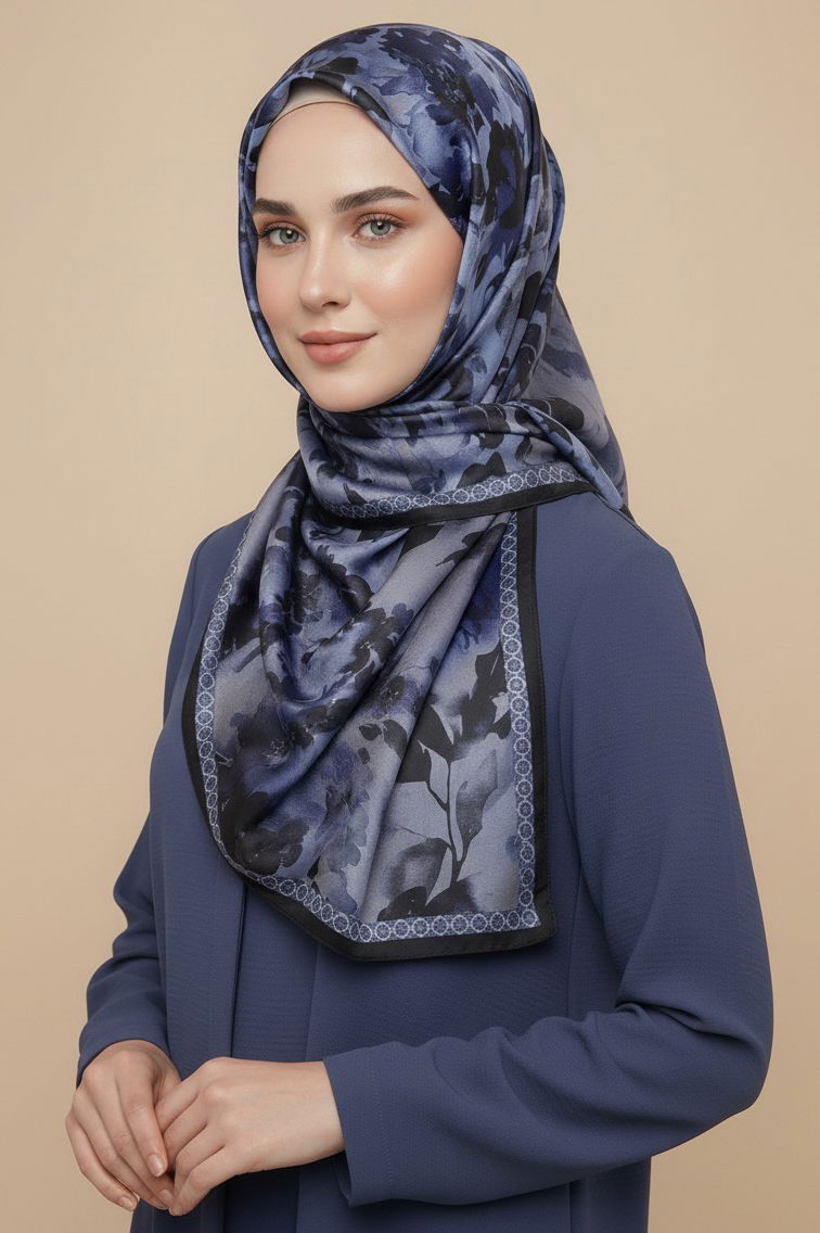 Midnight Bloom Serisi Pamuk Şal - 27986-SAKS - 2