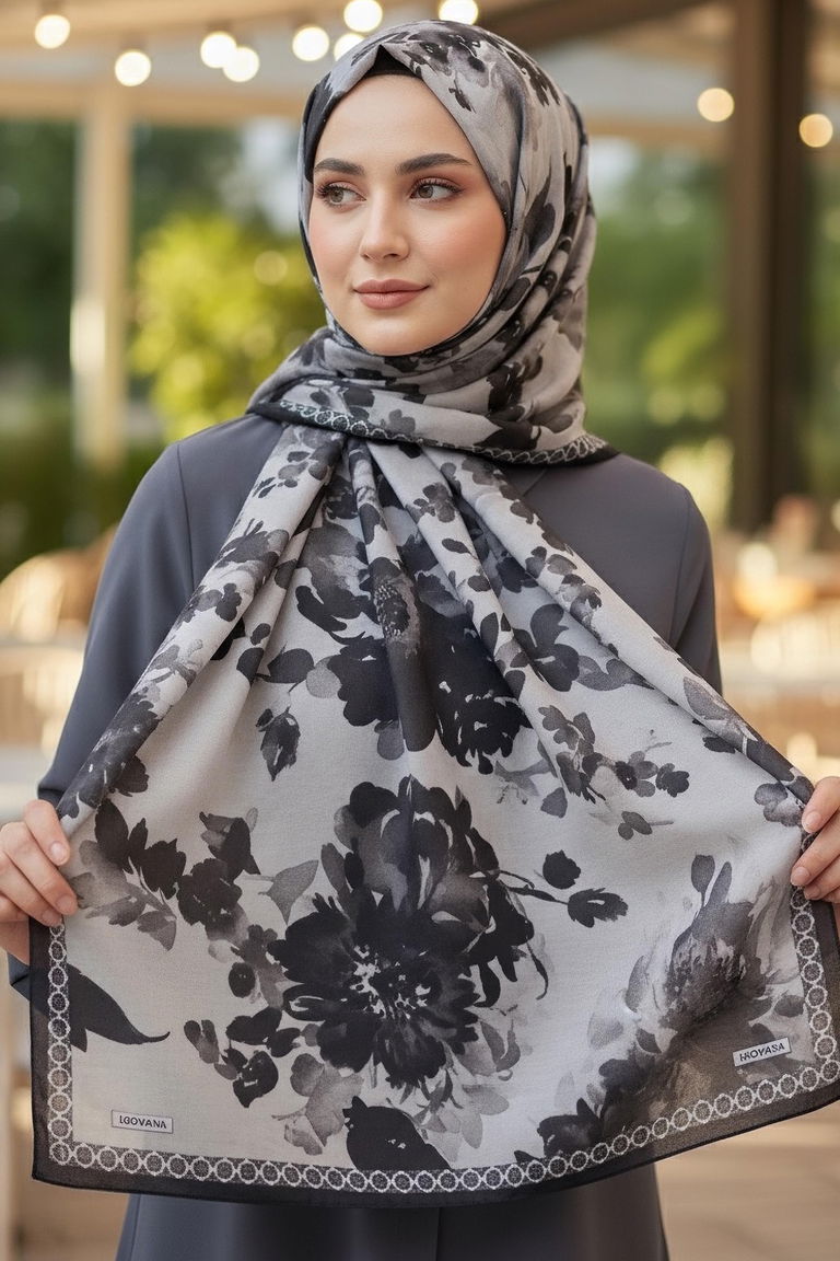 Midnight Bloom Serisi Pamuk Şal - 27986-SIYAH - TOFİSA