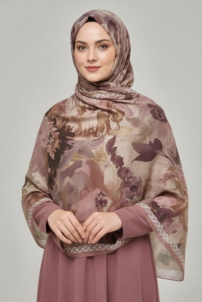 Midnight Bloom Serisi Pamuk Şal - 27986-VIZON 