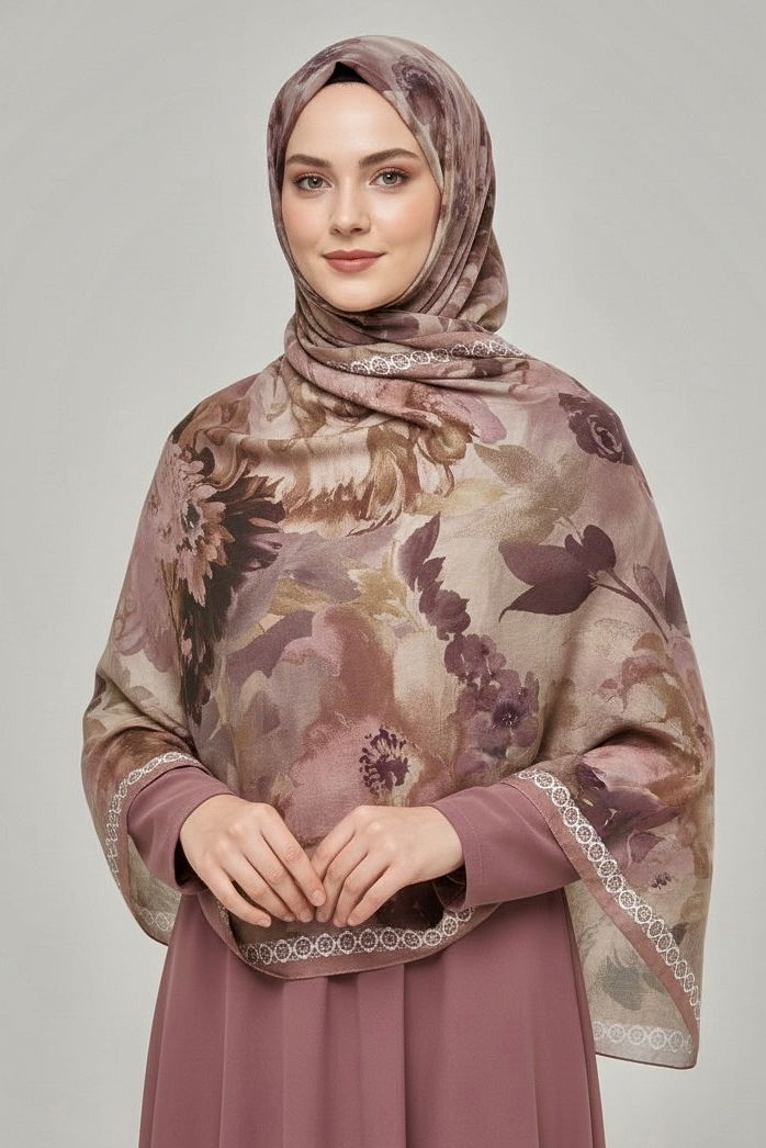 Midnight Bloom Serisi Pamuk Şal - 27986-VIZON - TOFİSA