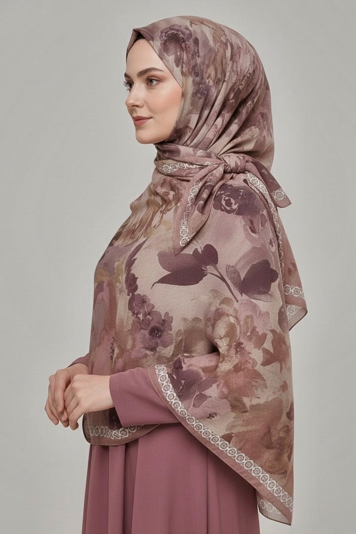 Midnight Bloom Serisi Pamuk Şal - 27986-VIZON - TOFİSA