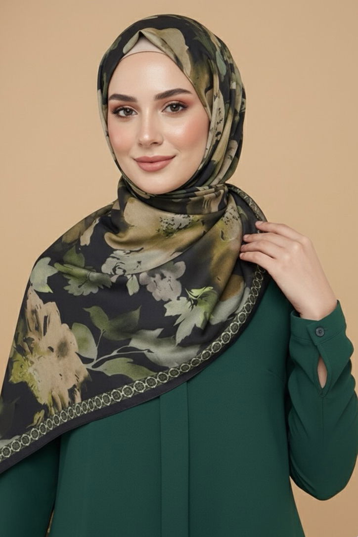 Midnight Bloom Serisi Pamuk Şal - 27986-ZUMRUT - 1