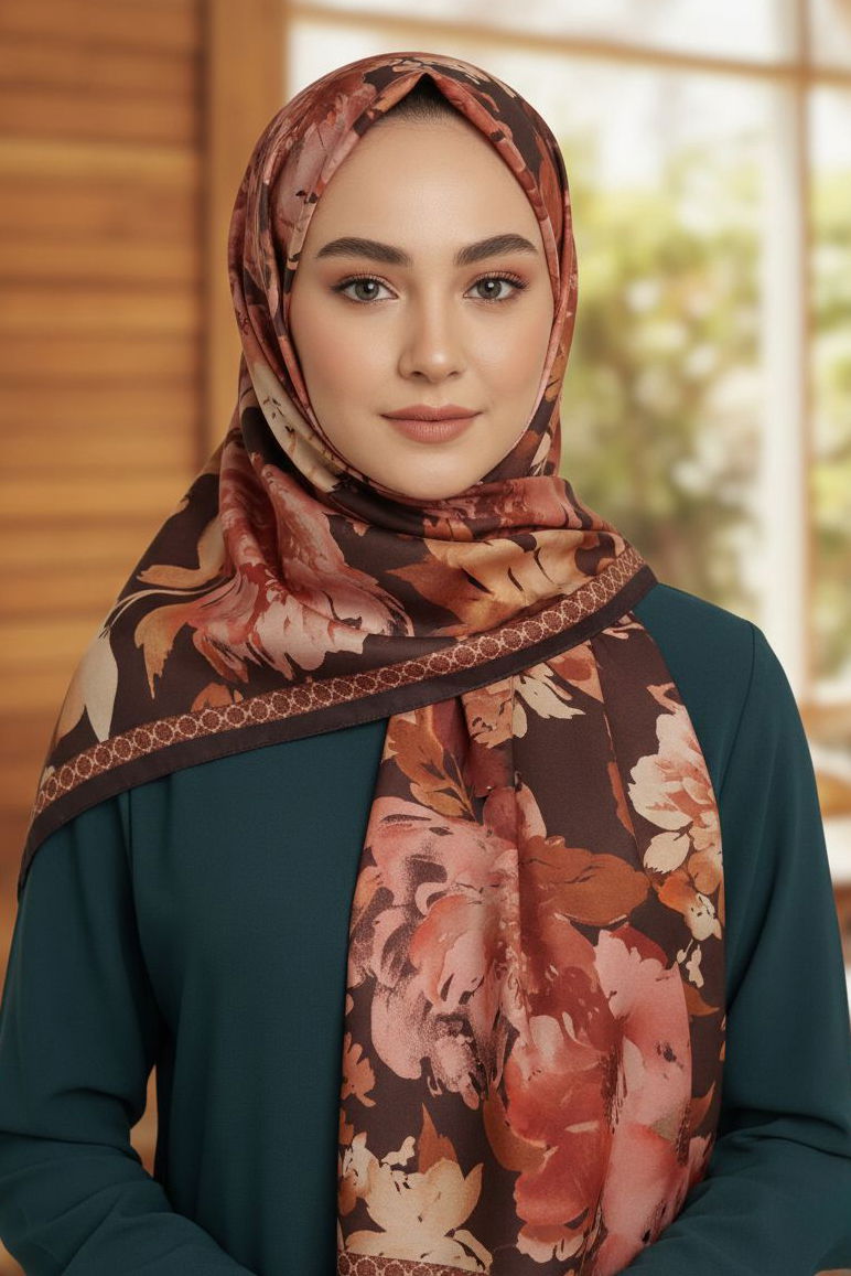 Midnight Bloom Serisi Pamuk Şal - 28187-ORANJ - 2