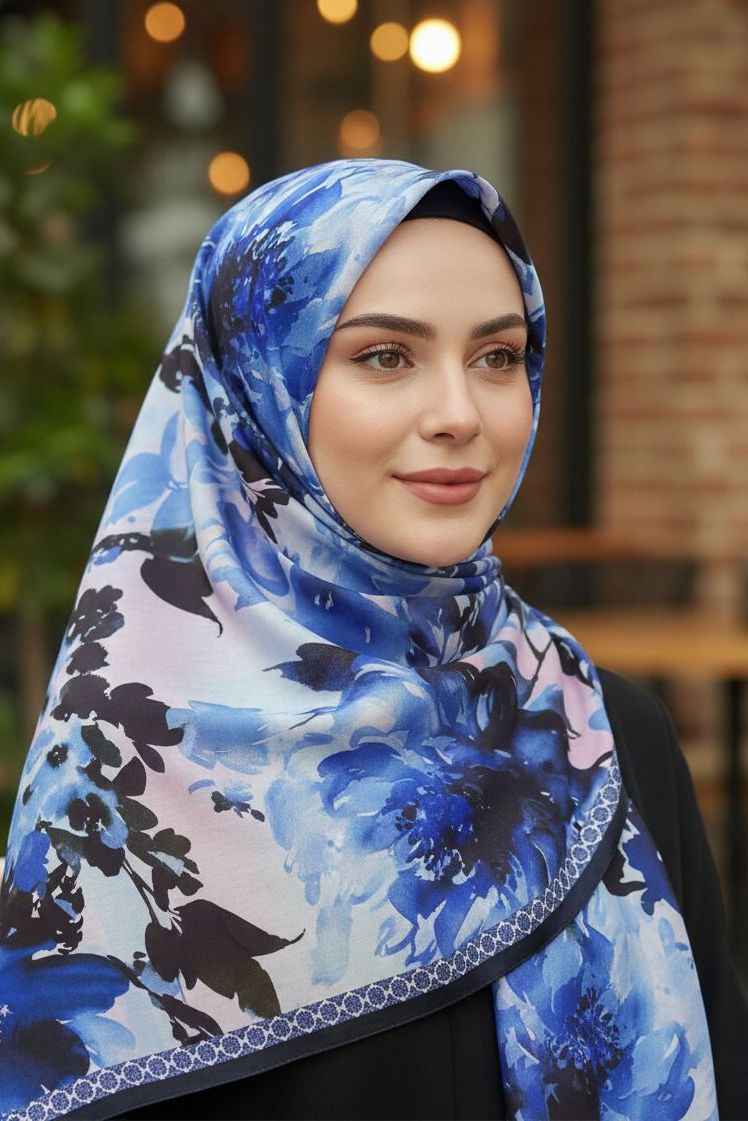 Midnight Bloom Serisi Pamuk Şal - 28187-SAKS - 1
