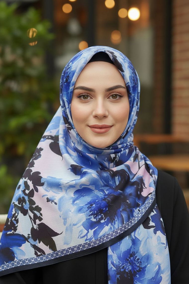 Midnight Bloom Serisi Pamuk Şal - 28187-SAKS - TOFİSA