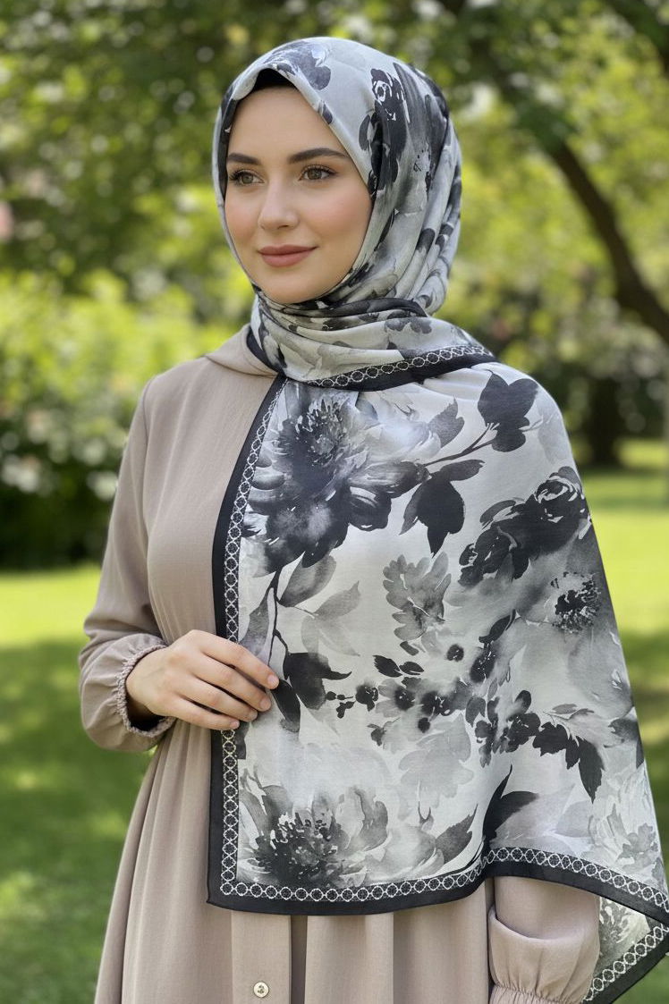 Midnight Bloom Serisi Pamuk Şal - 28187-SIYAH - 2