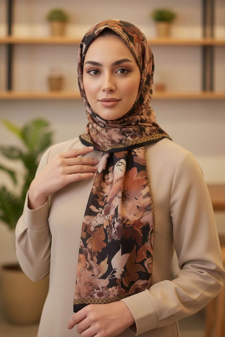 Midnight Bloom Serisi Pamuk Şal - 28187-TABA - 2