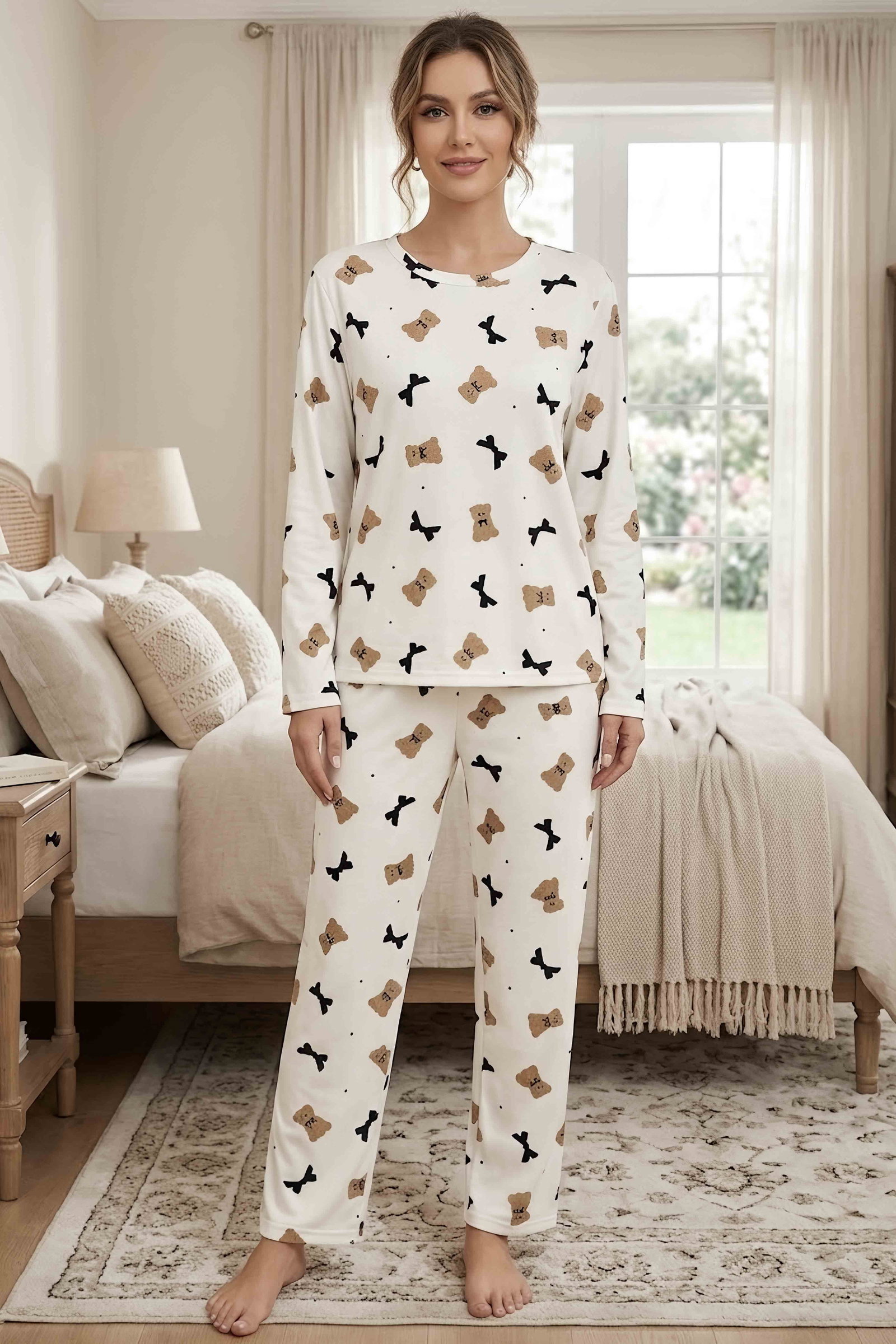 Milan Uzun Kollu Bisiklet Yaka Pijama Takım Beyaz - 29092-BEYAZ - 1