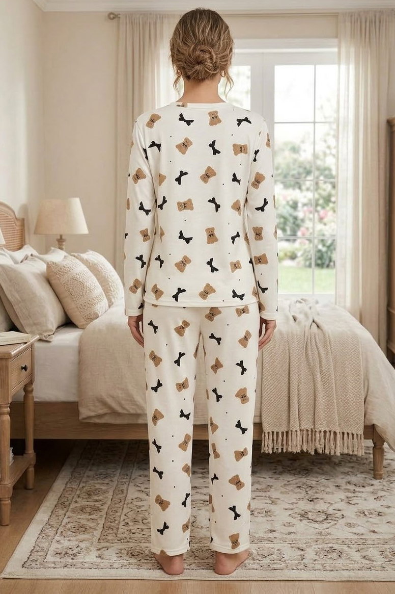 Milan Uzun Kollu Bisiklet Yaka Pijama Takım Beyaz - 29092-BEYAZ - 2
