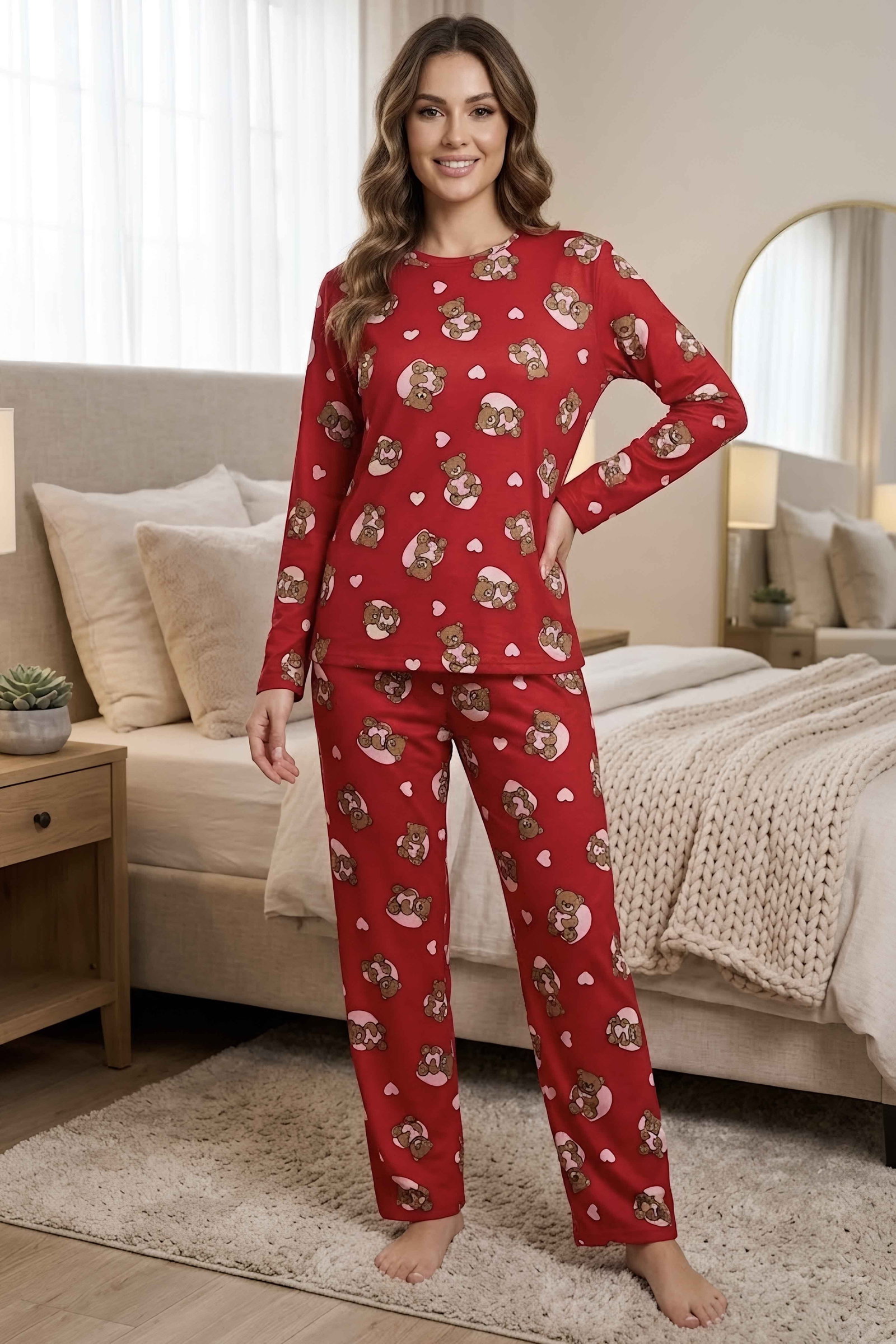 Milan Uzun Kollu Bisiklet Yaka Pijama Takım Kirmizi - 29092-KIRMIZI - 1