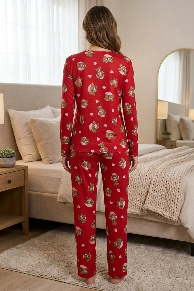 Milan Uzun Kollu Bisiklet Yaka Pijama Takım Kirmizi - 29092-KIRMIZI - 2