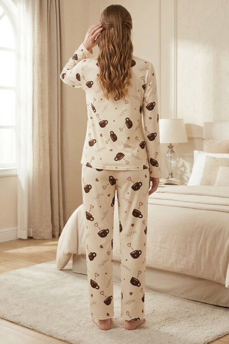 Milan Uzun Kollu Bisiklet Yaka Pijama Takım Krem - 29092-KREM - 2
