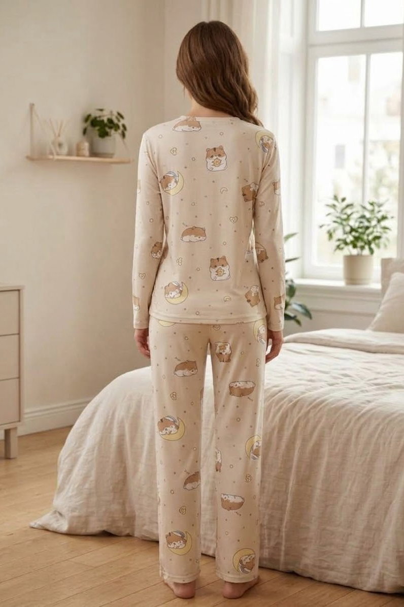Milan Uzun Kollu Bisiklet Yaka Pijama Takım Krem - 29096-KREM - 2