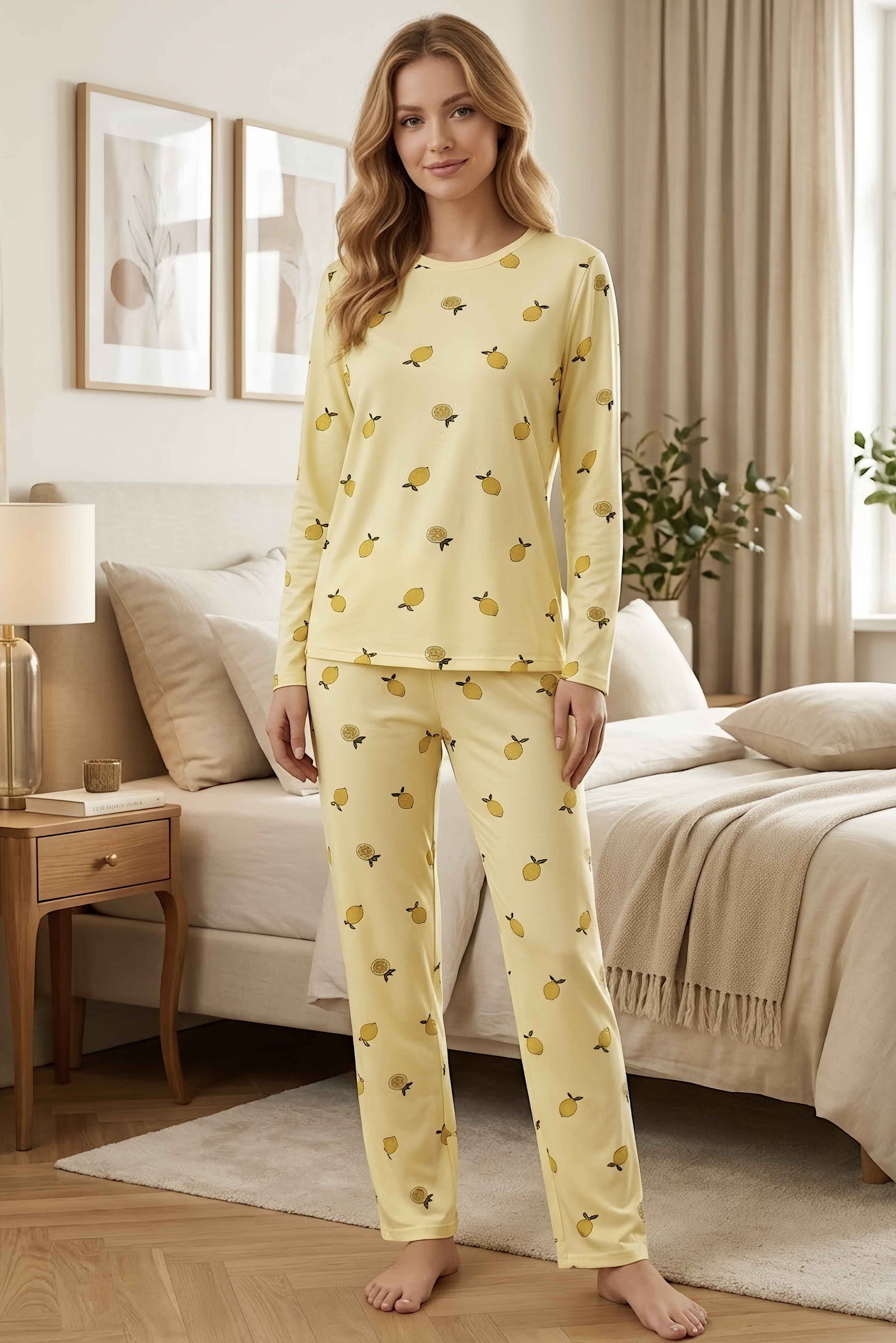 Milan Uzun Kollu Bisiklet Yaka Pijama Takım Sari - 29096-SARI - 1